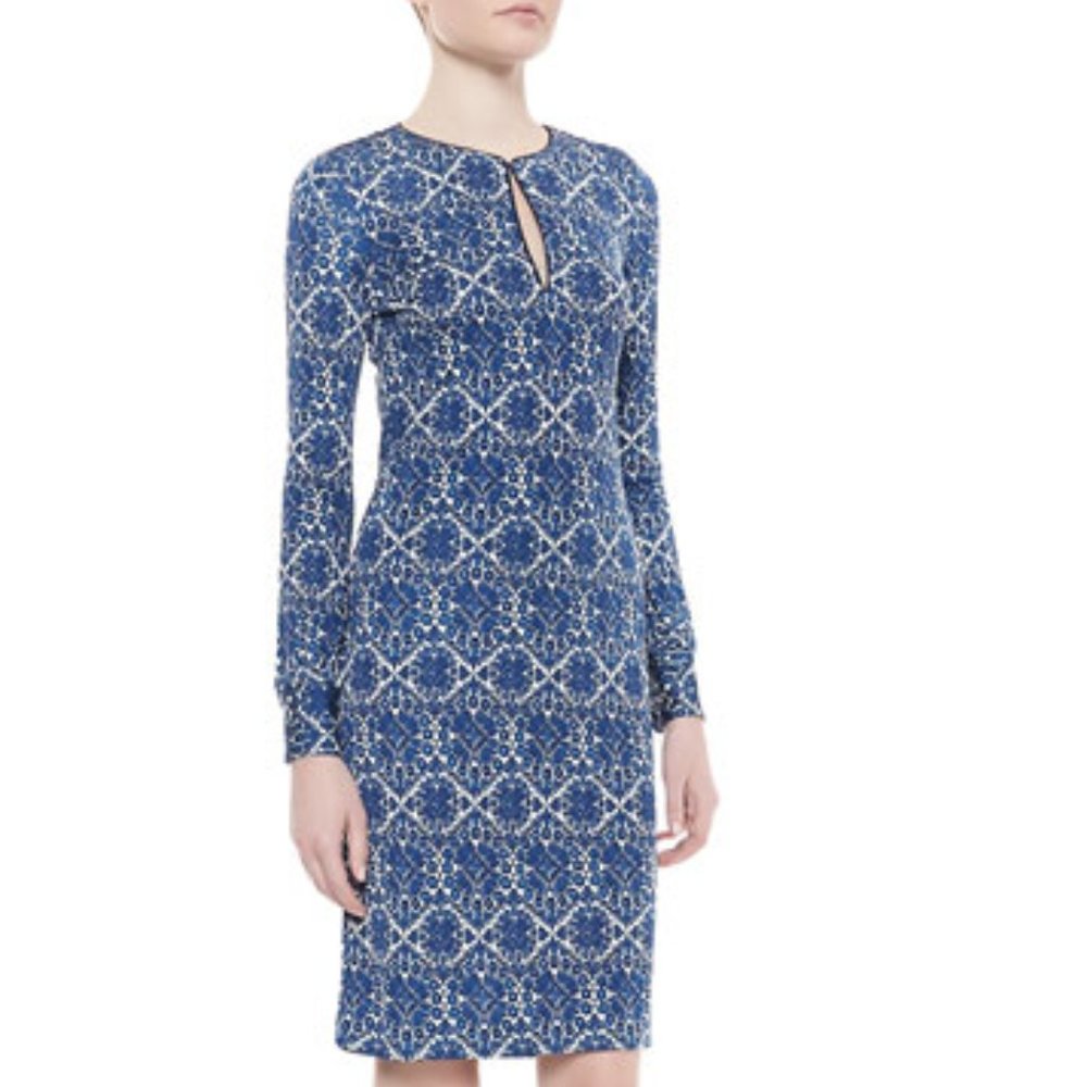 TORY BURCH Blue White Walker long sleeve SILK Mini DRESS